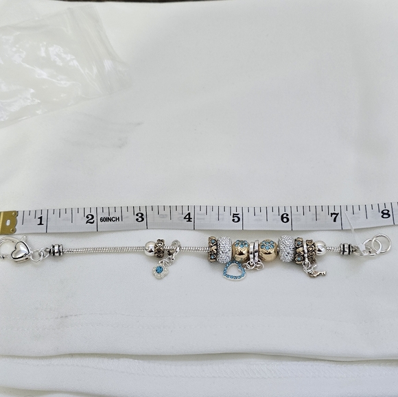 Landau Silver Gold Toned Blue Crystal March Birthstone Charm Heart Key Bracelet - Picture 7 of 8